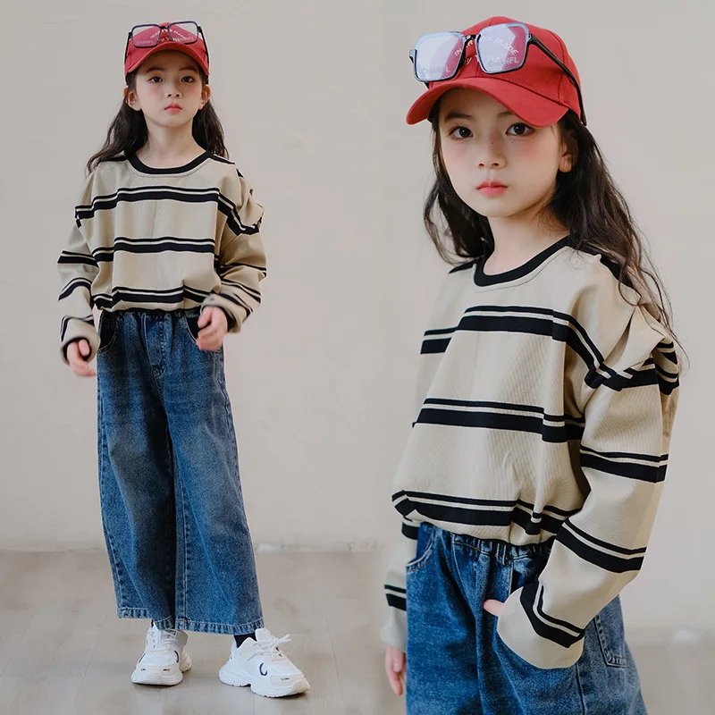 

Korean Spring Autumn Junior Girl 2PCS Clothes Set Teenager Girl Striped Long Sleeve Tops+Straight Pants Jeans Set For Girls