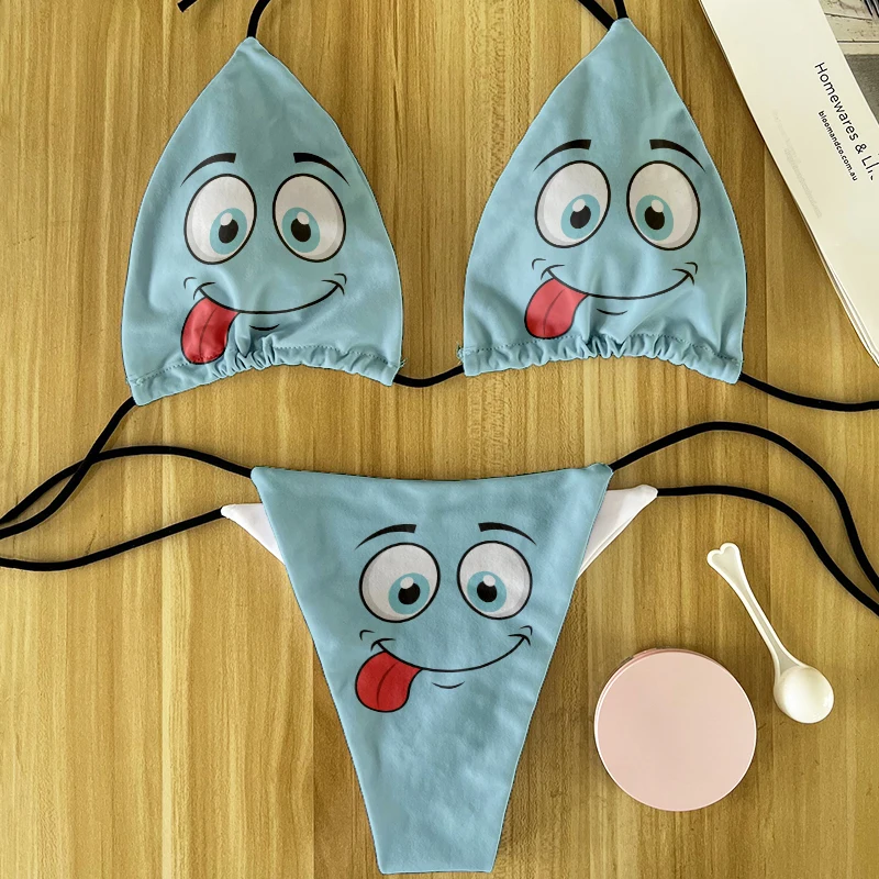 Funny cartoon face bikini set sweet and funny women\'s bra swimsuit set beach party fashion bikini set bikini