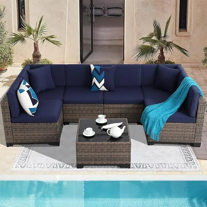 

7 Pieces Modular Outdoor Sectional Sofa, All-Weather PE Rattan Sectional Sofa with Cushions and Glass Coffee Table