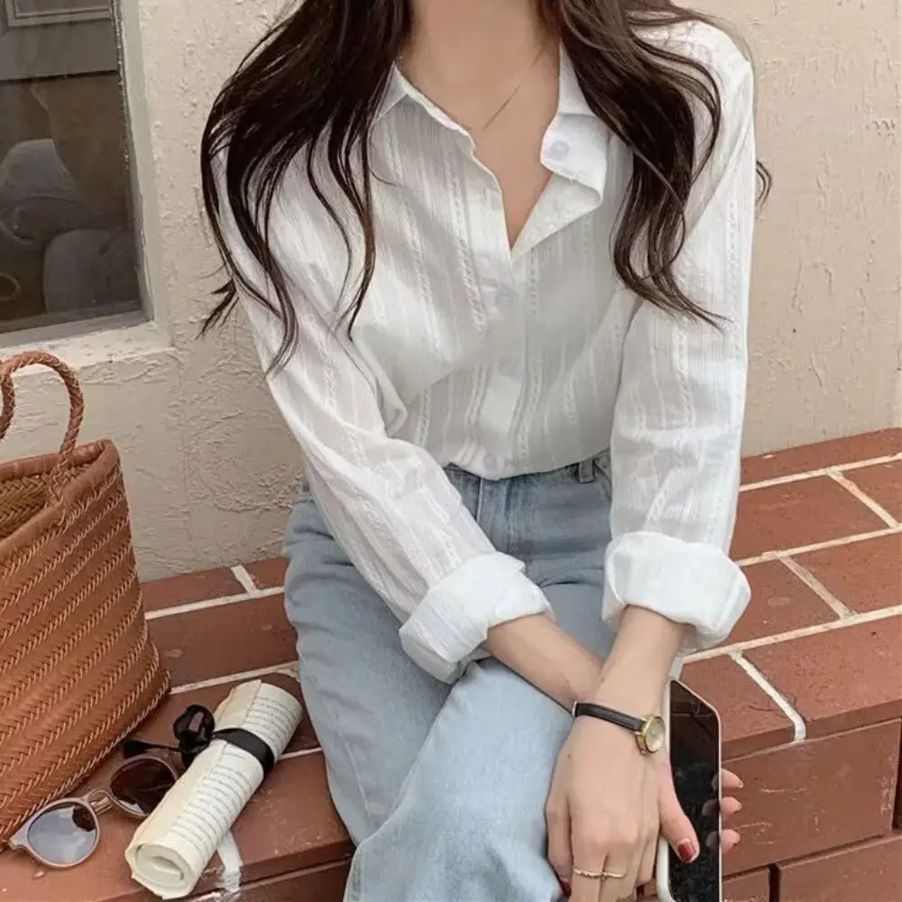 Sweet Strip Shirt Top Thin Casual Long Sleeve Blouse Spring Summer Autumn Sun Protection Button Shirt for Women