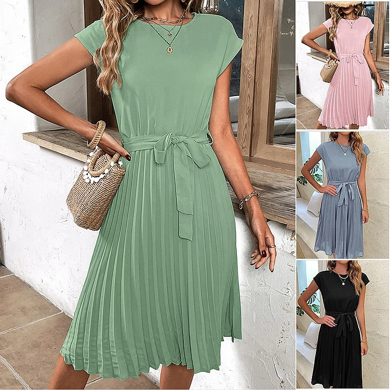 Summer Pleated Dress Women Casual Midi Dresses Spring Summer Solid Color Tie Waist Flowy Sundress
