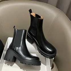 Women's Platform Chelsea Boots Street Style Winter Shoes Woman Cowhide Casual Shoes Spring Autumn Slip On Ankle Boots Thick Heel