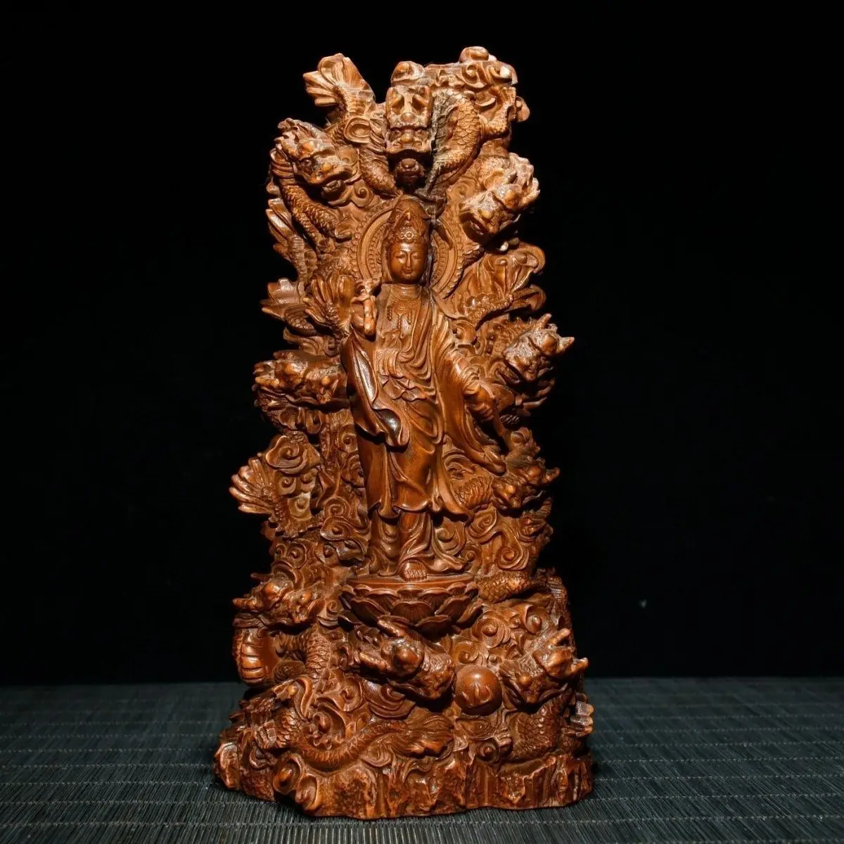 Hand Carved Wood Nine-Dragon Guanyin Statue Figurine Desktop Ornaments Home Decoration Crafts Tea Pet Decor