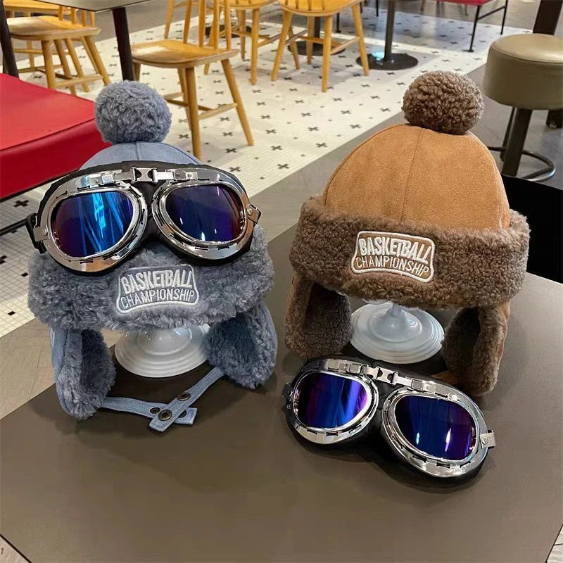 

Windproof Glasses Ear Protection Hat For Children Winter Plush Pullover Cap 1-8Year Boy Girl Kids Aviator Helmet Baby Bomber Hat