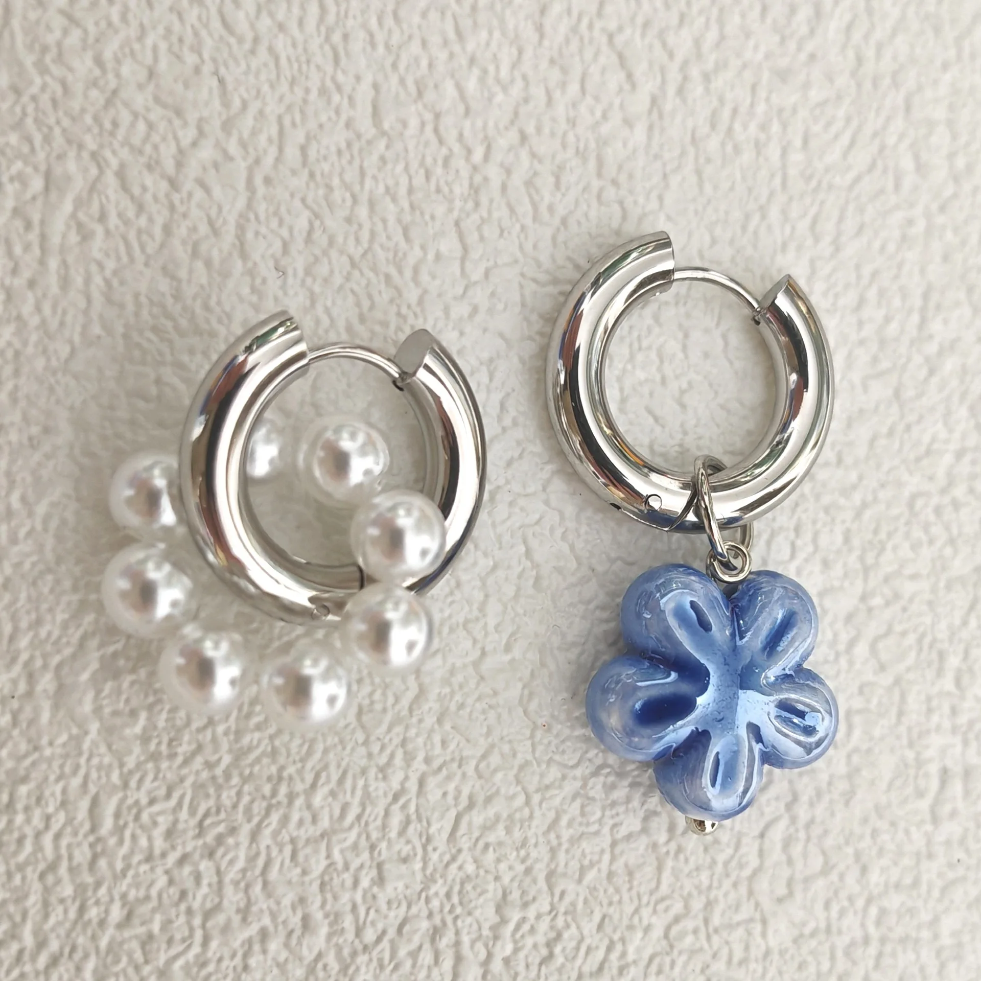 New Sweet Ceramic Blue Flower Faux Pearl Beads Drop Earrings For Women Fashion Special Ears Jewelry Gifts Party Casual Accessory