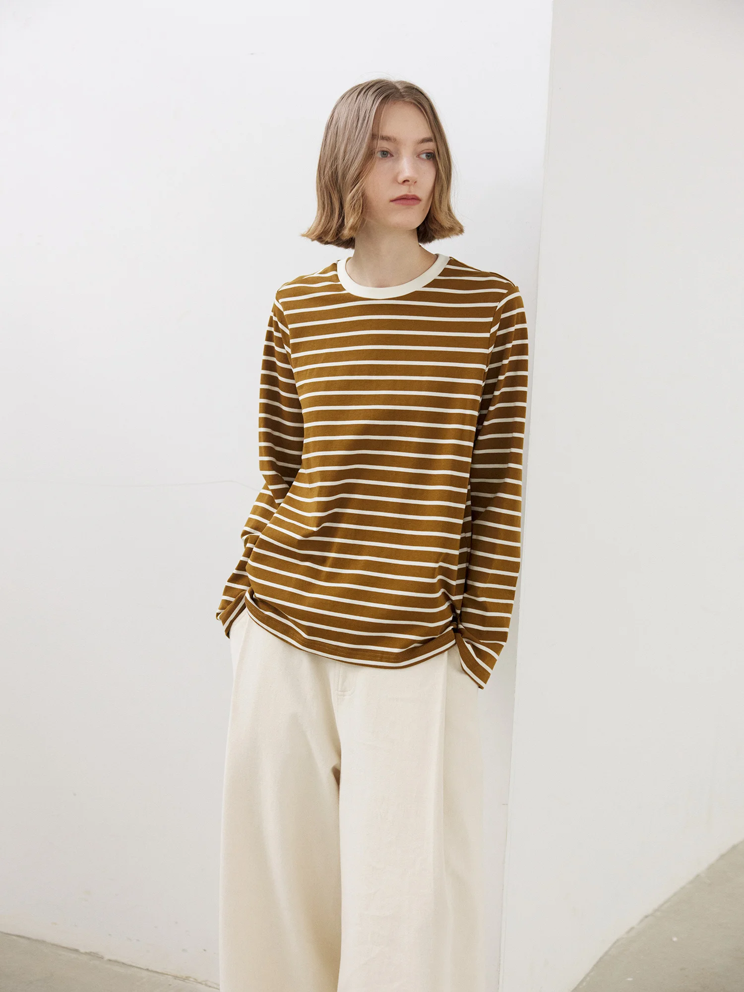 

00% Cotton Long Sve round Ne Striped Base Layer TEE Multi-Color Spring 2024 Regular Fit Ladies' T-irt