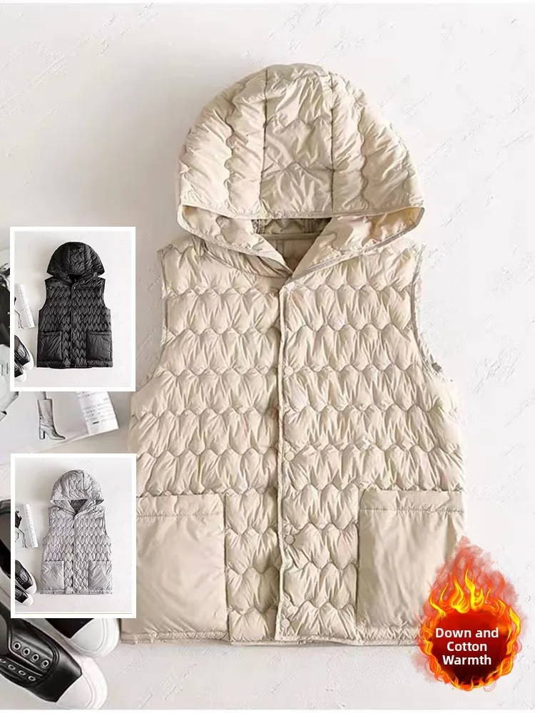 

Lightweight Pure Color down Cotton Vest Large Size Women's Faionable Hooded Svel Buttoned Jaet Double ket
