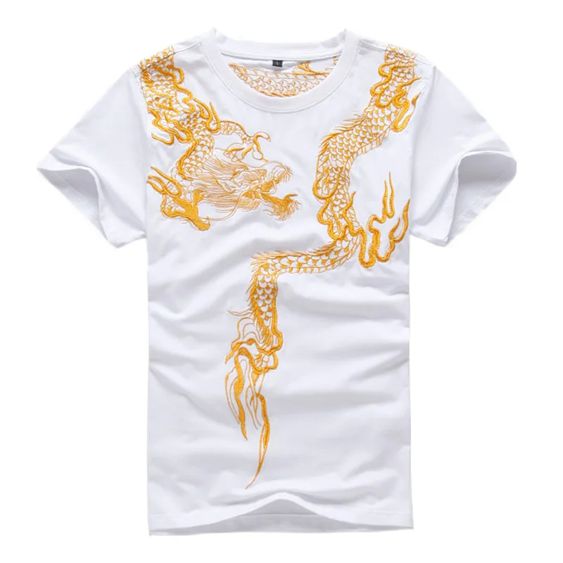 Golden Dragon Embroidery Men Cotton T-Shirt 2024 New Casual Summer Tops Short Sleeve Tee Shirts Black / White