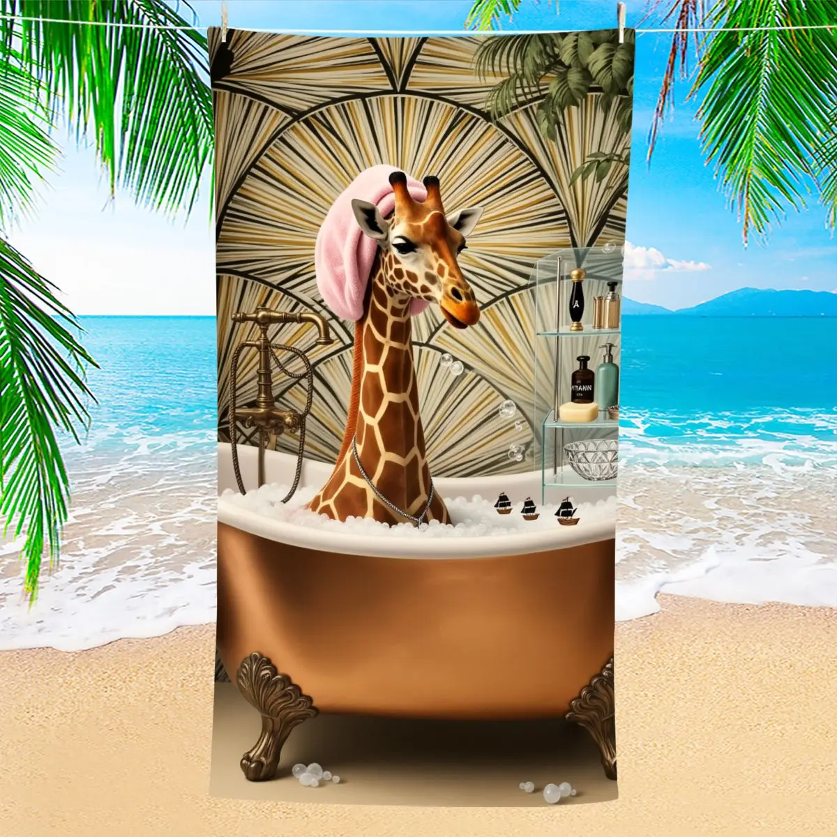 1pc Tropical Paradise Beach Towel with Giraffe in Bathtub, Artistic Animal Design Suitable for Pool and Spa