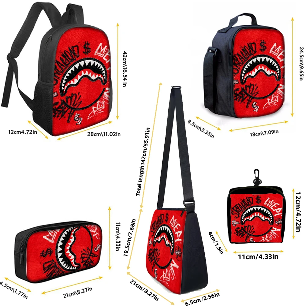 1/2/3/4/5PCS Trendy Shark Graphic Backpack Set | Perfect for School & Daily Adventures