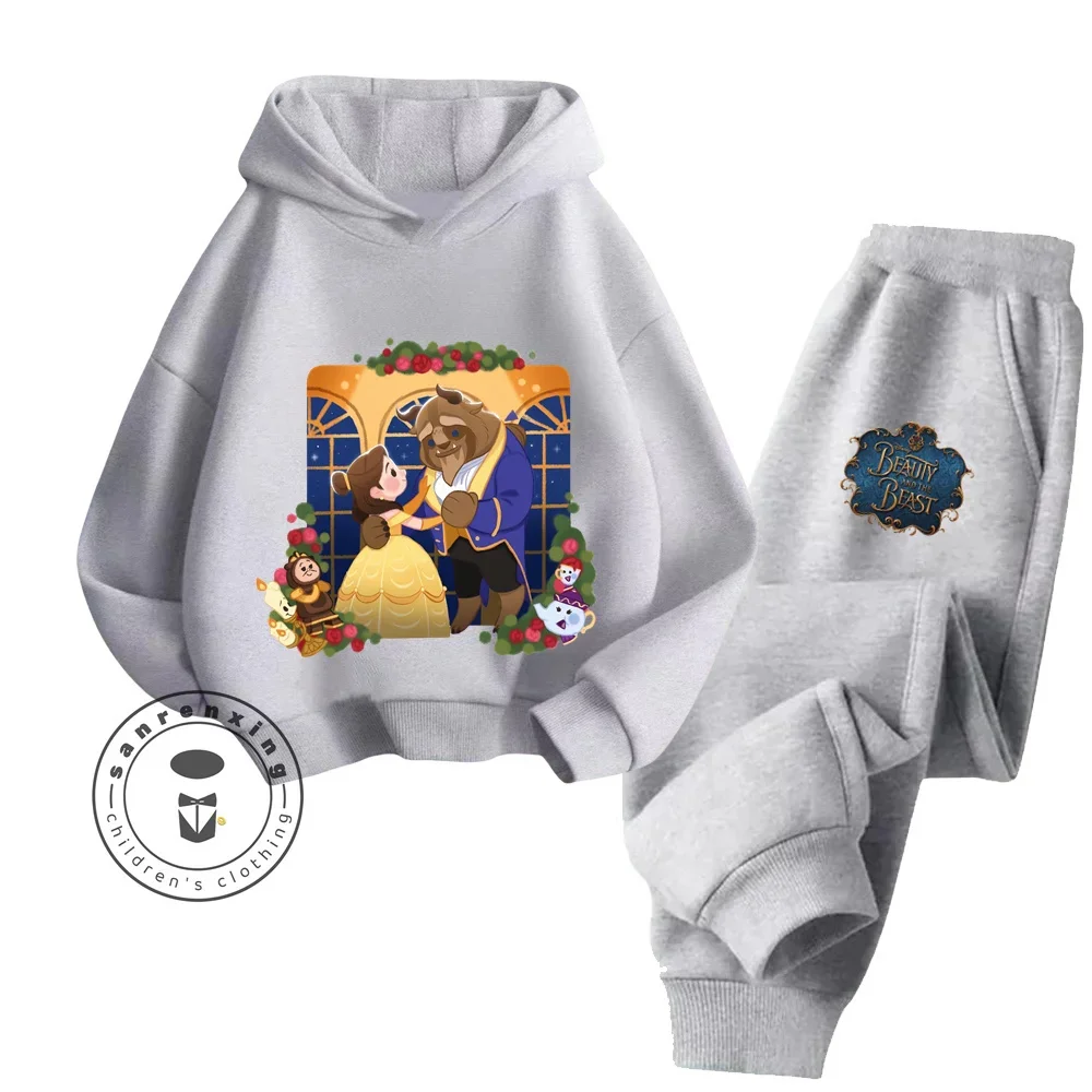 Kawaii Beauty and the Beast Cartoon Street Fashion Sets Elastic Long Sleeve Clothing for Boy Girl Autumn Winter Kids Hoodie Sets