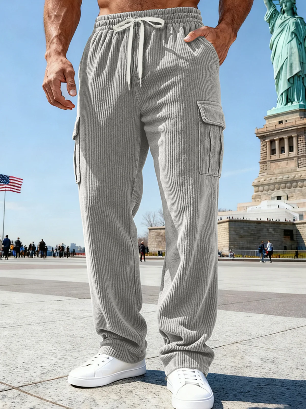 Men Heavyweight Loose Corduroy Hunting Pants, Amekaji Multi Pocket Work Trousers Casual Daily Commute Street Bottoms