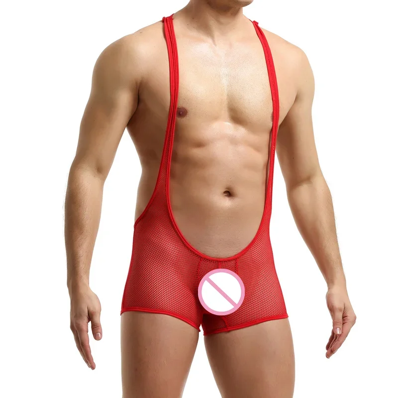 Sexy Mens Mesh See Through Bodysuit Gay Jockstrap Leotard One-Piece Lingerie Jumpsuit Male Pajamas Sheer Underwear Man Sleepwear