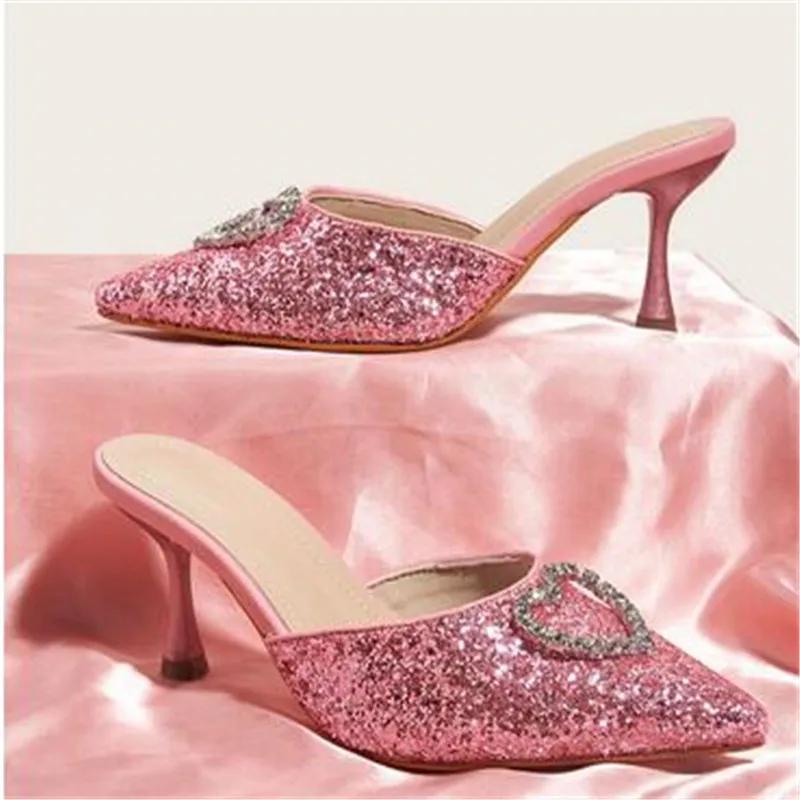 2023 New Shallow Mouth High-heeled Women's Shoes Love Rhinestone Shining Thin Heel Slippers Pointed Women's Single Shoes