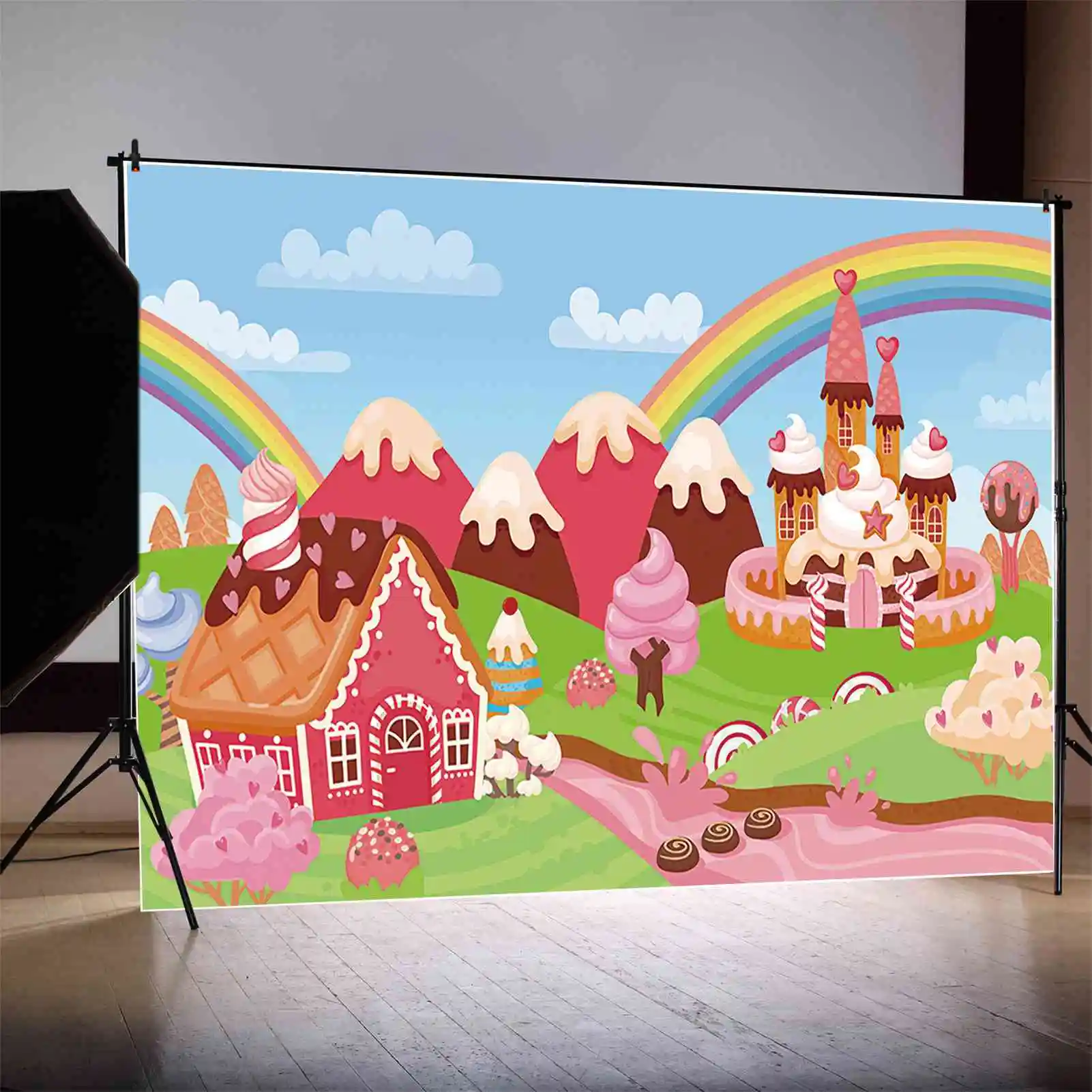 Mon.qg แคนดี้บาร์1st วันเกิดของเด็กทารกฉากหลังรูปภาพ candyland PARTY photozone background รูปถ่ายโดนัทที่กำหนดเอง