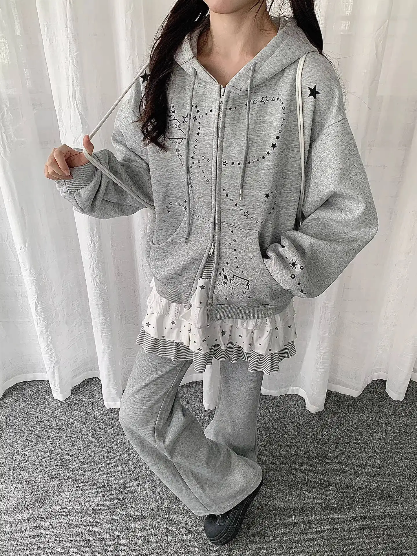 เสื้อฮู้ดดี้ลายการ์ตูนกระต่ายน่ารักสไตล์ Y2K สำหรับผู้หญิง แจ็คเก็ตคาร์ดิแกนแบบหลวมมีซิปสำหรับฤดูใบไม้ร่วง