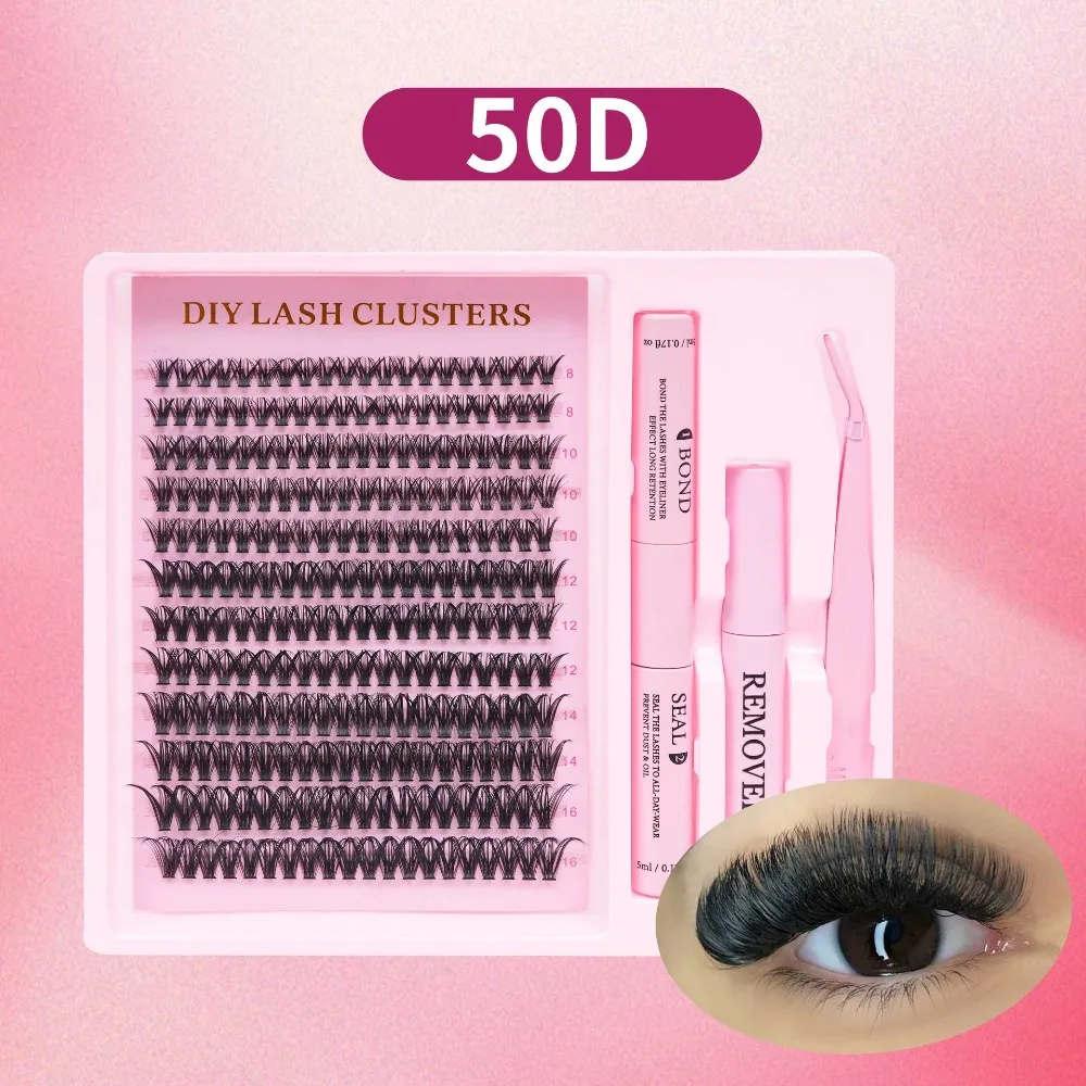30/40/50/100D DIY Segmented False Eyelashes Kit Thick and Curly with Bond Glue Individual False Lashes 8-16mm Long with Tweezers