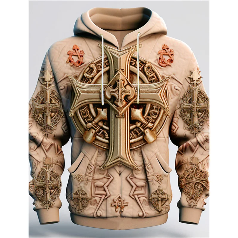 3D Printed Exquisite Cross Hoodies For Men Fake Stereoscopic Pattern Pullovers Casual Hooded Long Sleeves Loose Tops Sweatshirts