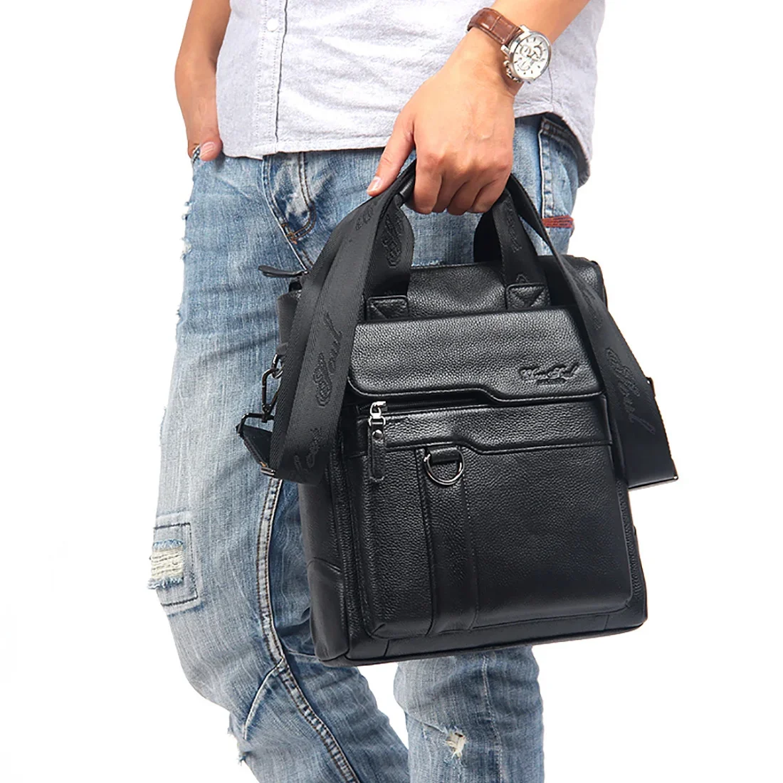 Bolsa de couro genuíno para homens, maleta mensageiro, bolsa de negócios real de couro, bolsa de ombro transversal, moda masculina