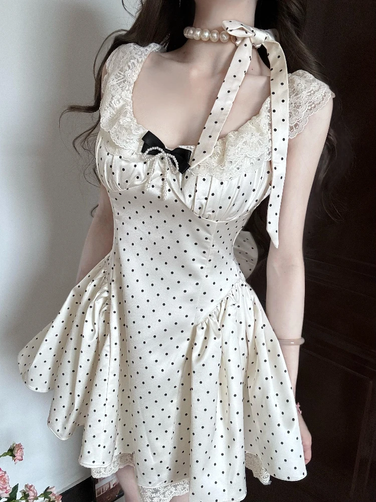 

Korean Style Polka Dot Strappy Dress, Sweet Bow ​Corset Waist Summer Princess Dress for Girls, Elegant Streetwear Outfit