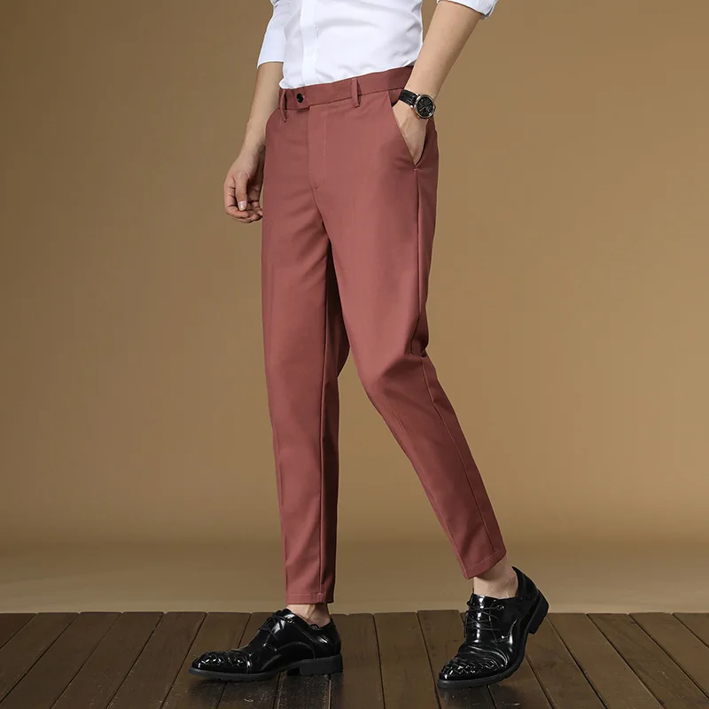 Pantalon d'été imbibé pour hommes, rouge, noir, plat, tenue de bureau formelle, intelligente, robe d'affaires officielle pour hommes, vêtements FJFOR, 2022