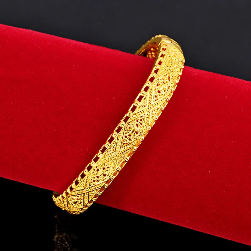 24k Real Gold Color Hollow Women\'s Bracelet Color-fastening Bohemian Style Yellow Gold Link Chain Bracelets Wedding Jewelry Gift