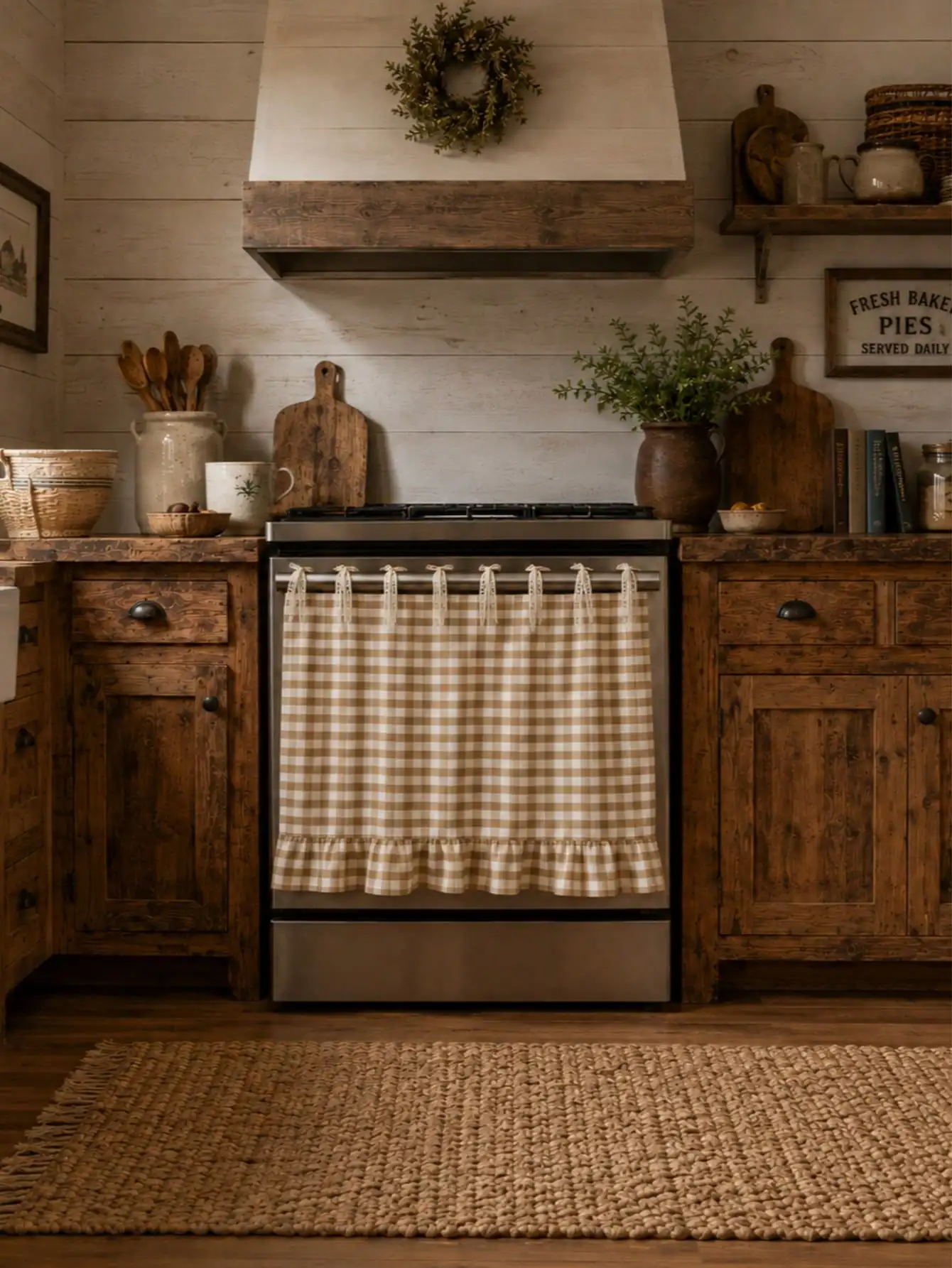 1pc Khaki & White Plaid Oven Curtain, 100% Polyester Yarn Dyed Fabric With Lace Tie Top And Ruffle Hem, Short Kitchen Tier Curtain, Oil-Resistant Decorative Cover, Suitable For Stove, Oven, Open Cabinet And Small Window (Rod Not Included)