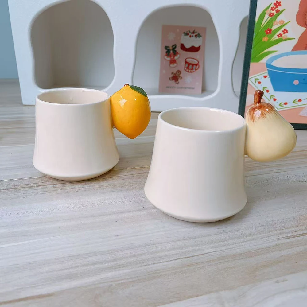 White Ceramic Mugs 3D Lemon Pear Decor Handle Coffee Cup for Home Office Daily Use Birthday Gift Creative Fruit Porcelain Mugs