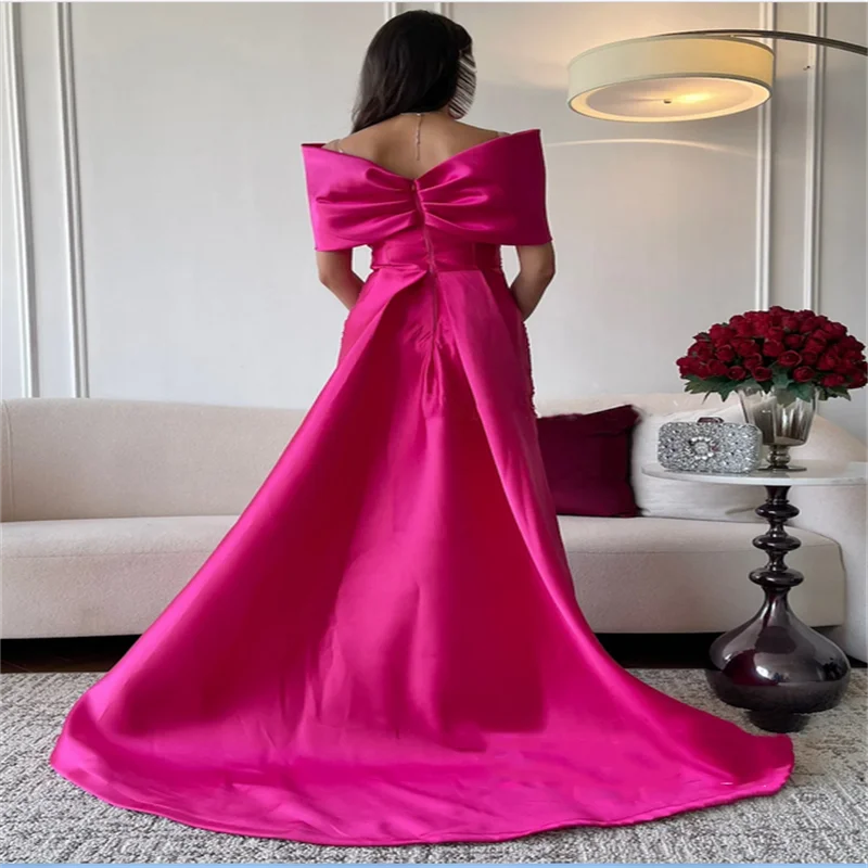 Abito da sera arabo fucsia con spalle scoperte Abito da ballo dritto con perle scintillanti personalizzato con strascico in raso Personalizza