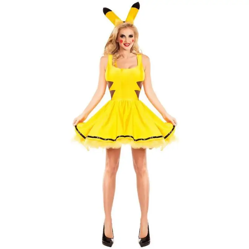 Anime Cosplay Pikachu Ärmelloses Kleid mit Stirnband Halloween Maskerade Karneval Party Kostüm für Frauen Sexy Kleid Bühne Perf