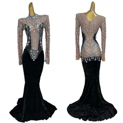 Women Luxury Crystal Diamonds Velvet Dress Black Long Sleeve Long Dresses Evening Elegant Party Celebrate Prom Gowns Sirongqun