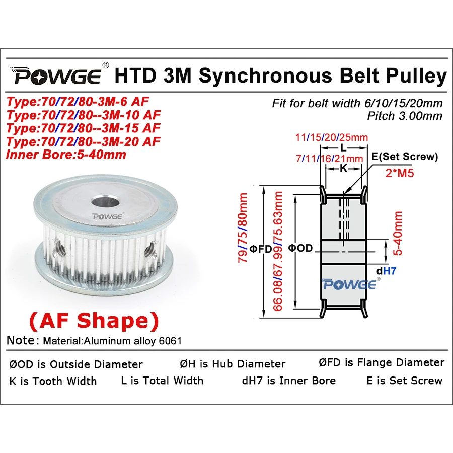 POWGE 70 72 80 teeth HTD 3M Timing Pulley Bore 8/10/12/14/15/16/17/18/19/20/22/25/29/30 for HTD3M belt width 10/15mm 70T 72T 80T