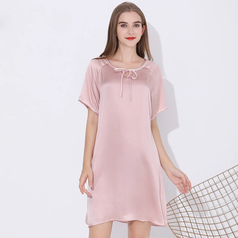 100% Mulberry Silk Pajamas for Women Summer Short Sleeve Solid Color Simple Princess Nightgown Can Be Worn Outside Sleepwear
