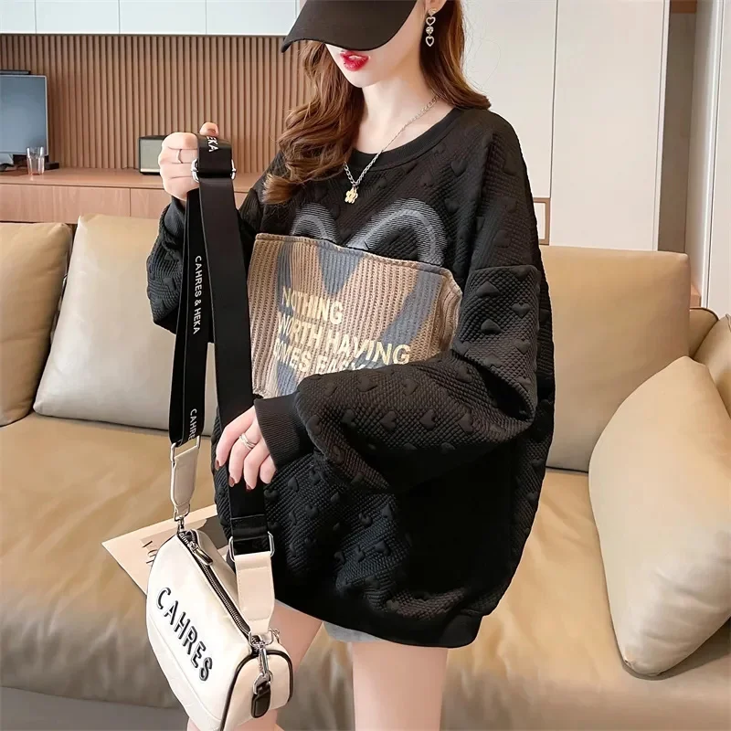 

Round Neck Sweater Women New Retro Loose Knit Printing Stitching Design Early Spring Of 2023 Has Sense Of Niche Tops.