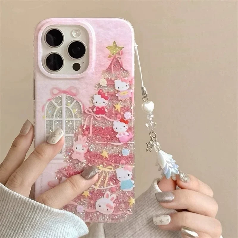 Cute Christmas Wish Tree Hello Kitty Bling Glitter Phone Case For iPhone 11 12 13 14 15 16 Pro Max XS XR Lovely Cartoon KT Cover