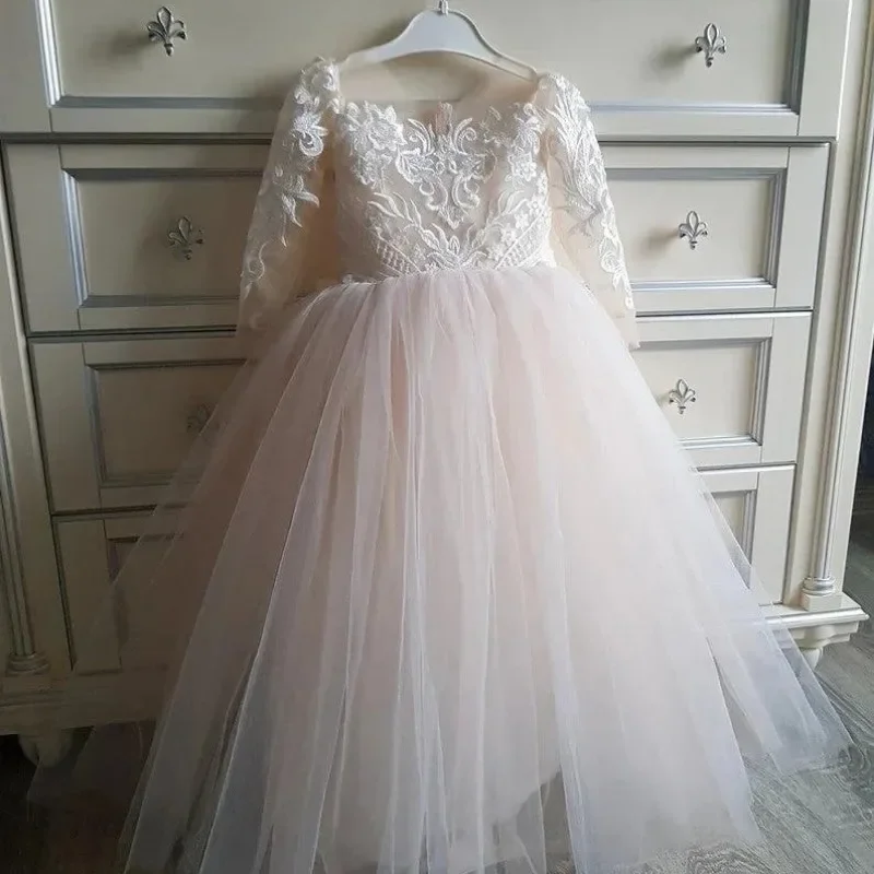 Robe de demoiselle d\'honneur en dentelle champagne pour enfants, poignées amovibles, traînant, enfants, bébé fille pour mariage, fête