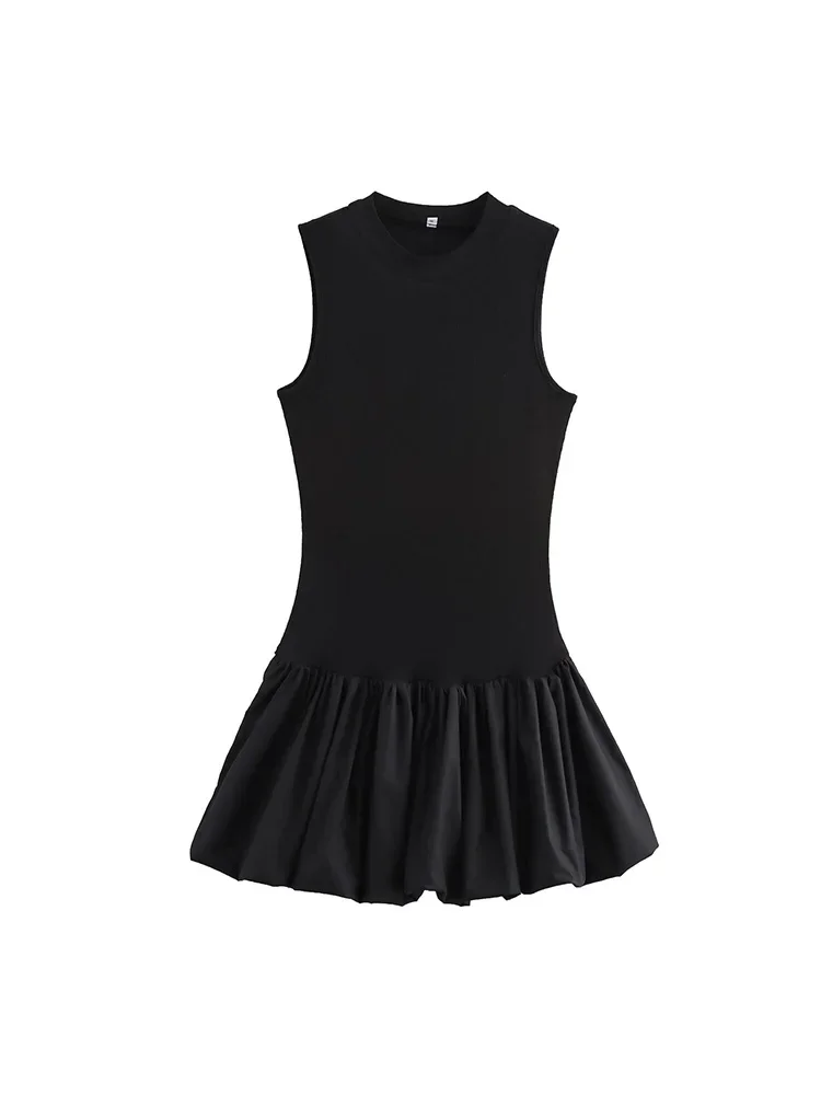 

Willshela Women Fashion Black Patchwork Pleated A-Line Mini Dress Vintage O-Neck Sleeveless Female Chic Lady Dresses