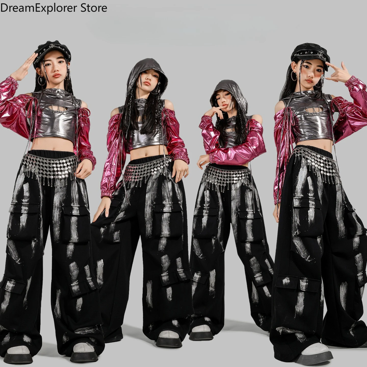 

Girls K-pop Shiny Crop Top Hoodies Graffiti Cargo Pants Children Jazz Streetwear Clothes Sets Kids Hip Hop Girl Group Costumes