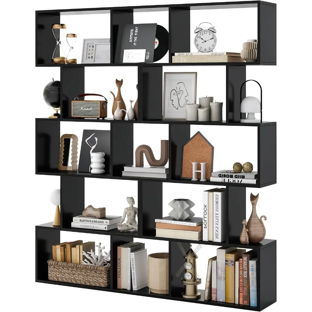 Two-Piece Black 5-Tier S-Curved Wooden Bookshelf Set, 62.5