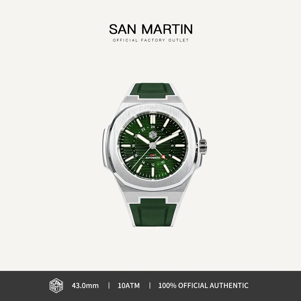 

San Martin 43 мм Роскошные мужские спортивные часы Бренд GMT Автоматические механические часы 10 бар Водонепроницаемые сапфировые светящиеся SN0075G-C