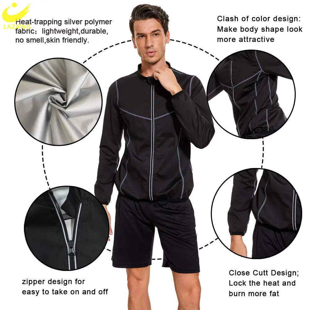 LAZAWG Men Sauna Jacket Sweat Top for Weight Loss Suit Slimming Shirt Fat Burner Body Shaper Exercise Sport Fitness Workout Gym