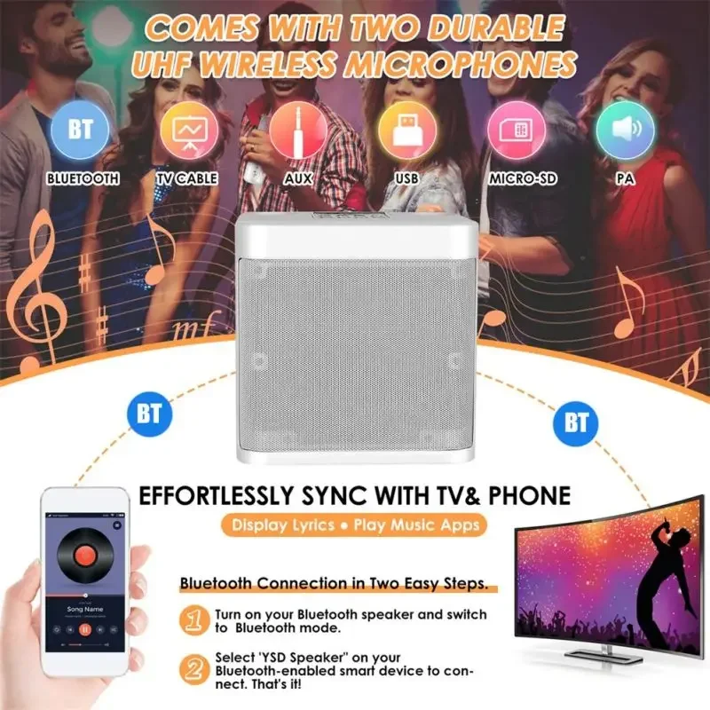 YS203 Altavoz de Karaoke con Bluetooth, micrófono inalámbrico para cantar, luz de música RGB, ritmo, altavoz portátil para Fiesta al aire libre, soporte AUX TF