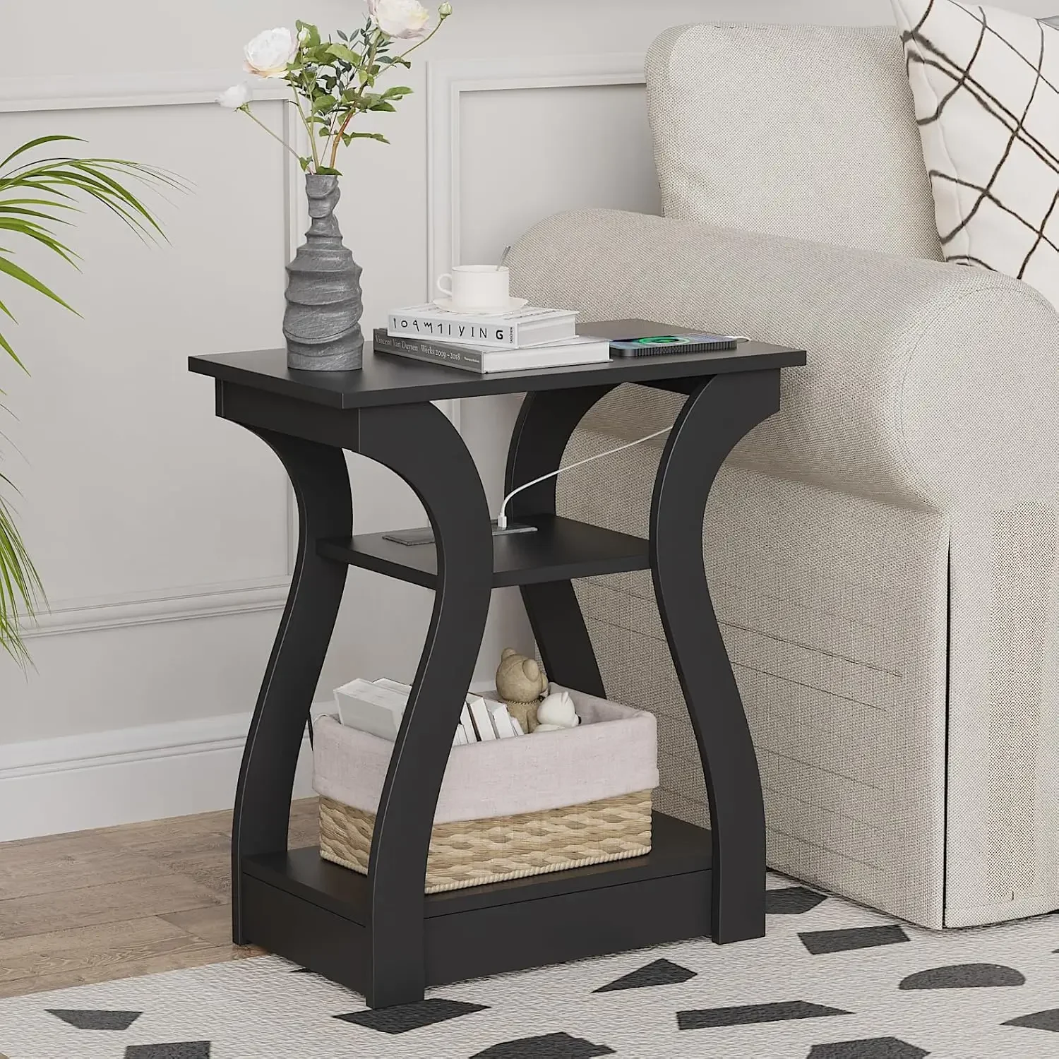 End Table with Charging Station, Side Table with USB Ports and Outlets, Nightstand, 3 Tier End Table with Storage Shelf for