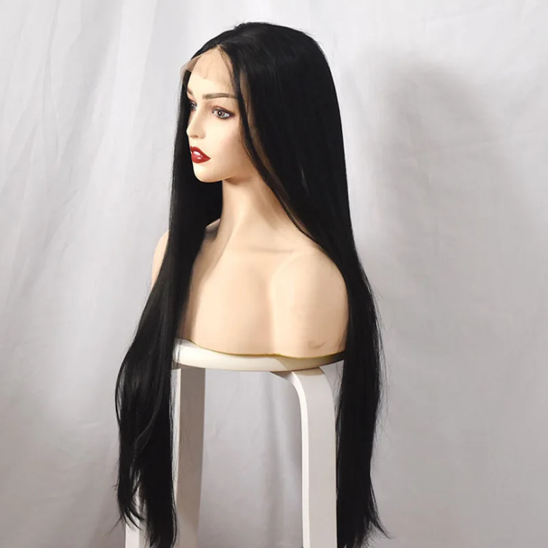 Perruque Lace Front Wig synthétique longue et lisse pour femmes, bonnet de perruque demi-attaché à la main