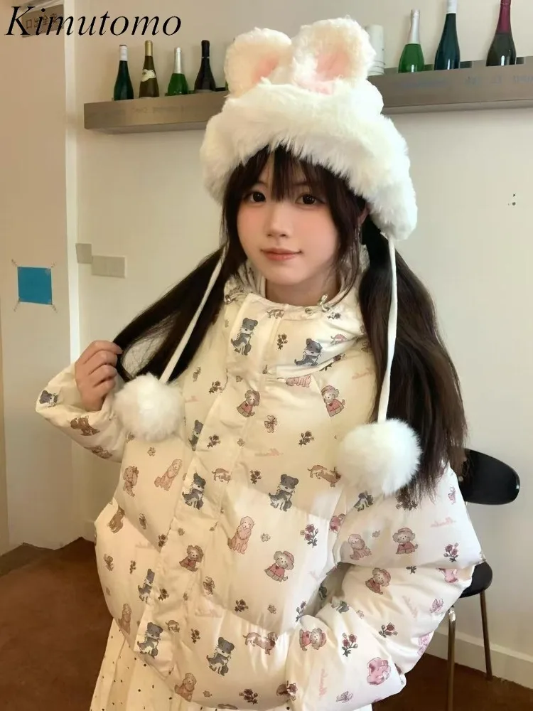 

Kimutomo парки женские в консервативном стиле милая мультяшная собака с капюшоном осень-зима свободная верхняя одежда укороченные куртки женские пальто повседневные