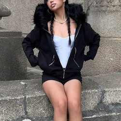 Goth Dark Faux Fur Collar felpe con Zip con cappuccio Gothic Grunge tasche autunno giacche nere donna Y2k Streetwear egirl cardigan