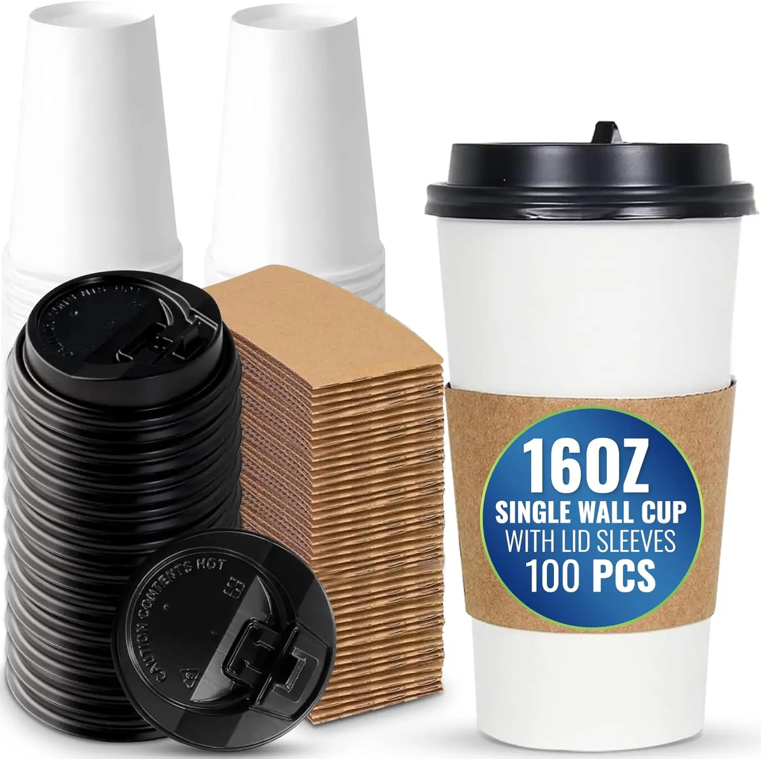 

100 Pack 16 oz Single Wall Disposable Coffee Cups with Lids and Sleeves – Leak-Proof Hot Beverage Cups, Eco-Friendly To