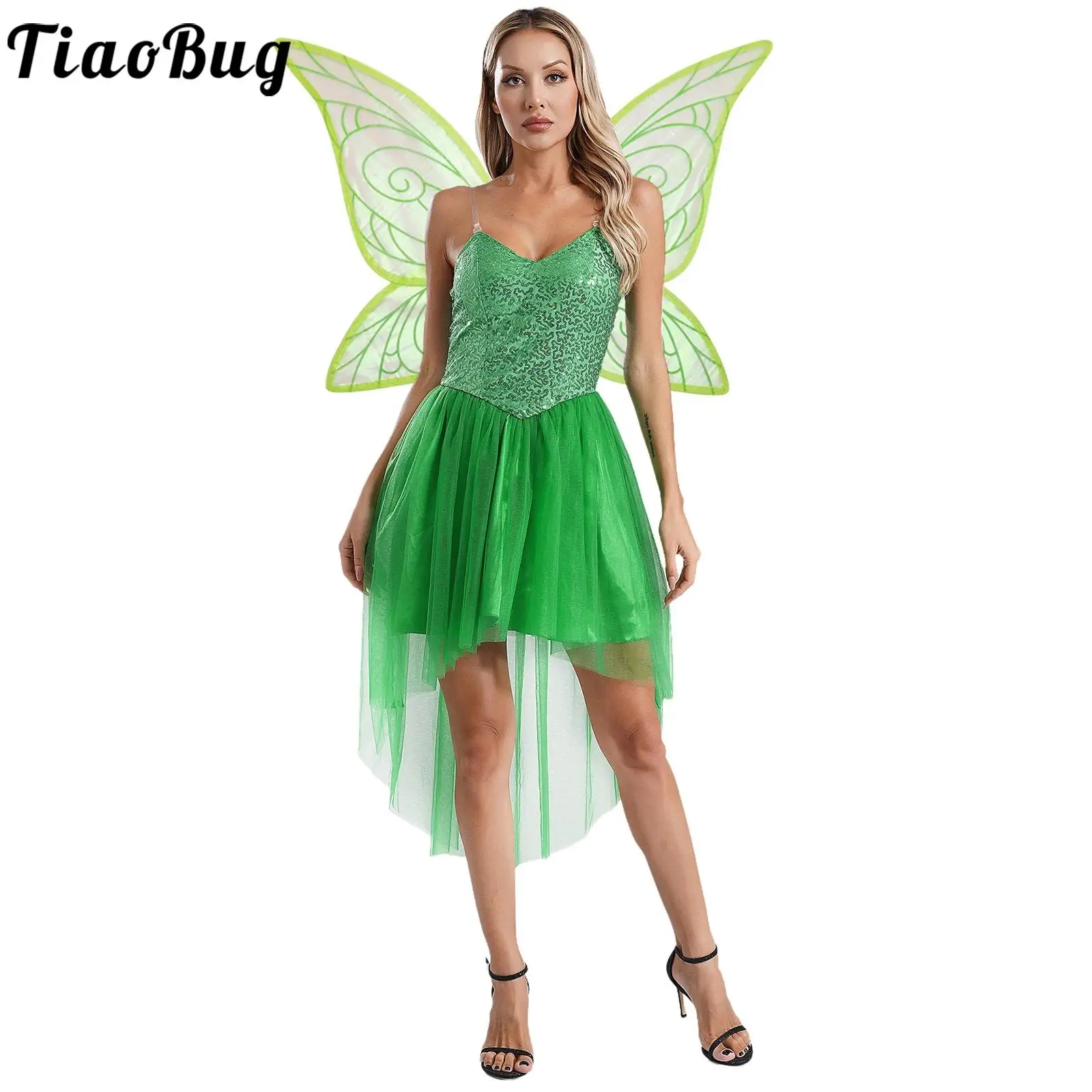 

Green Fairy Tale Elf Cosplay Costume Outfits Women Shiny Sequin Sling Dress with Wings Set Forest Princess Roleplay Dress Up