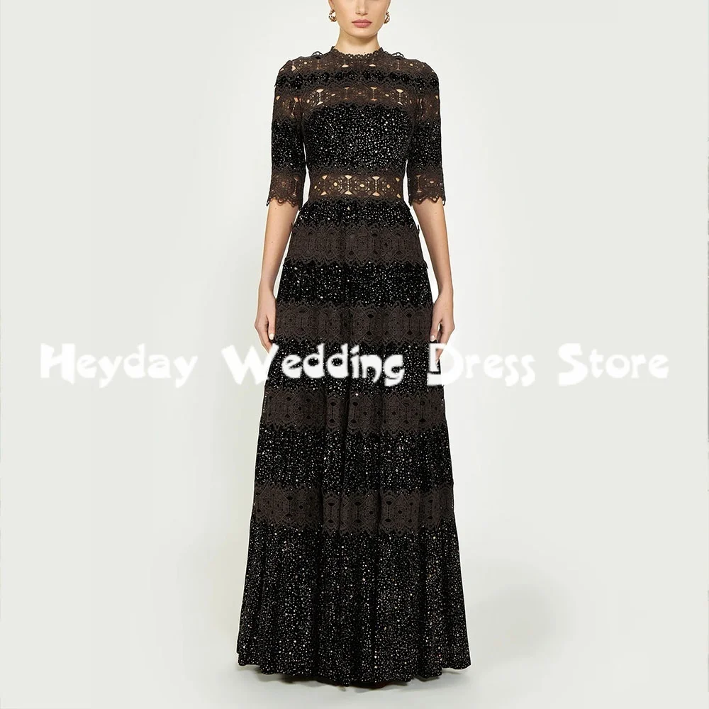 

Heyday Women's High Sparkly Lace Applique A Line Evening Dresses With Half Sleeves Floor-Length Formal Elegant Dresses 2025