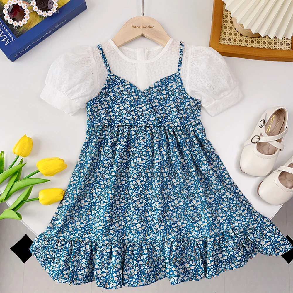 Sommer gefälschte zweiteilige Blumen kleid kleine Mädchen Kleidung Party Prinzessin Kleider Kleider lässig Baby Mädchen Kleidung
